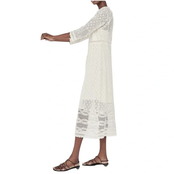 ZARA IVORY CREAM CROCHET LACE MIDI DRESS SIZE US SMALL - Picture 3 of 14